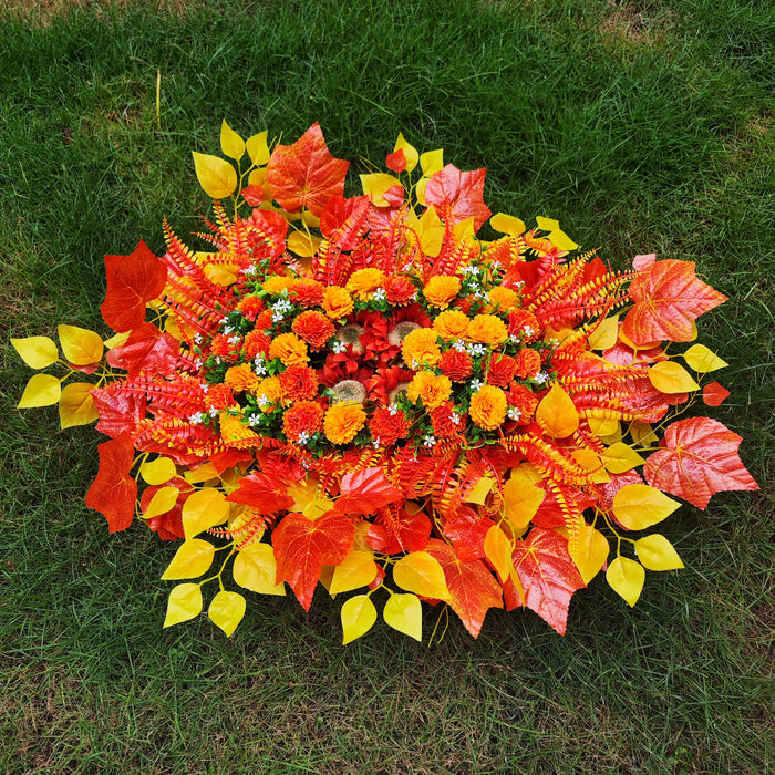 Bulk Exclusive 32 inches Sunset Orange Mums Saddle for Headstone Artificial Cemetery Flowers Saddle Wholesale