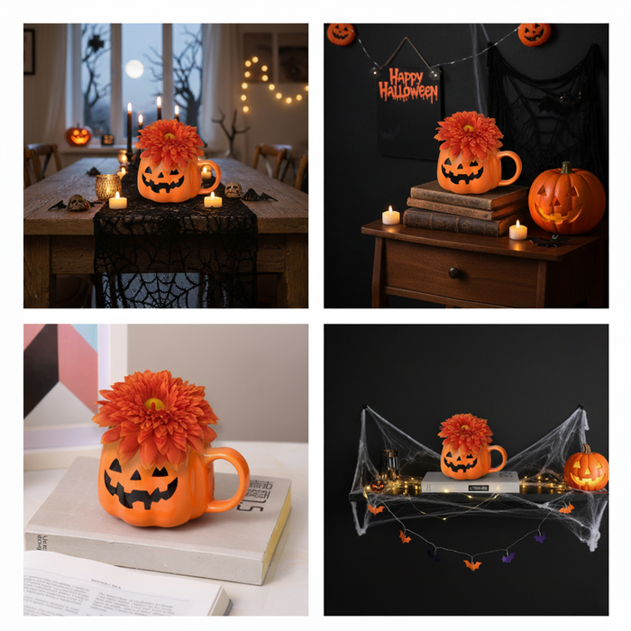 Bulk 5" Halloween Floral Arrangement - Artificial Chrysanthemums in a Ceramic Pumpkin Vase Wholesale