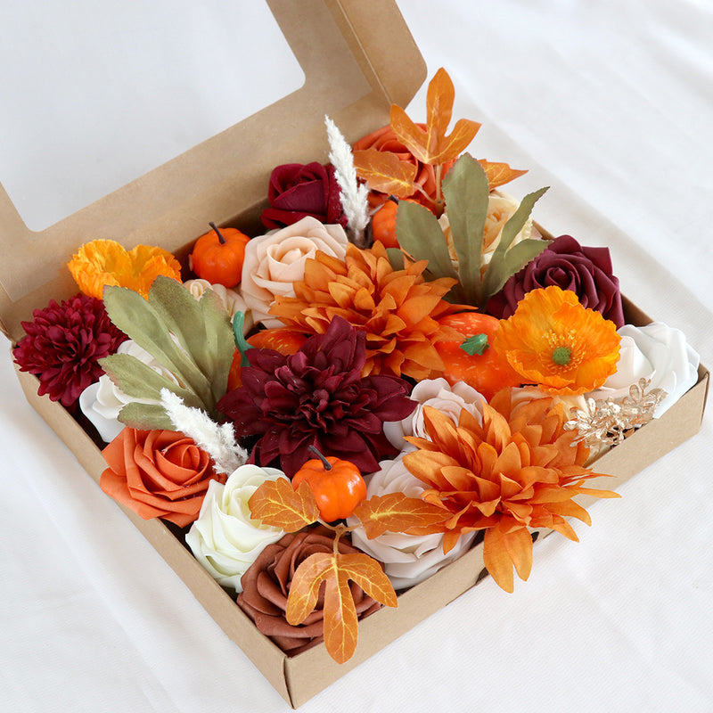 Coffret de têtes de fleurs artificielles en vrac pour Thanksgiving, fleur orange bordeaux pour centres de table à faire soi-même, décoration d'arrangement floral, vente en gros