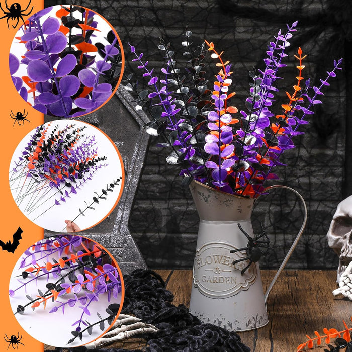 Bulk 24pcs Halloween Eucalyptus Stems Artificial Black Plants Purple Orange Stems Wholesale