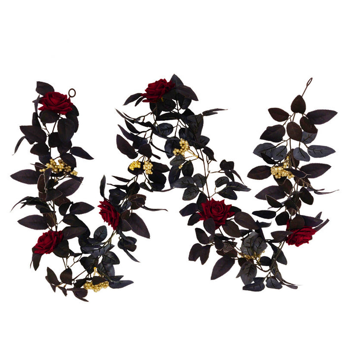 Bulk 2pcs Halloween Black Rose Leaves Garland with Burgundy Flower and Yellow Berries Wholesale