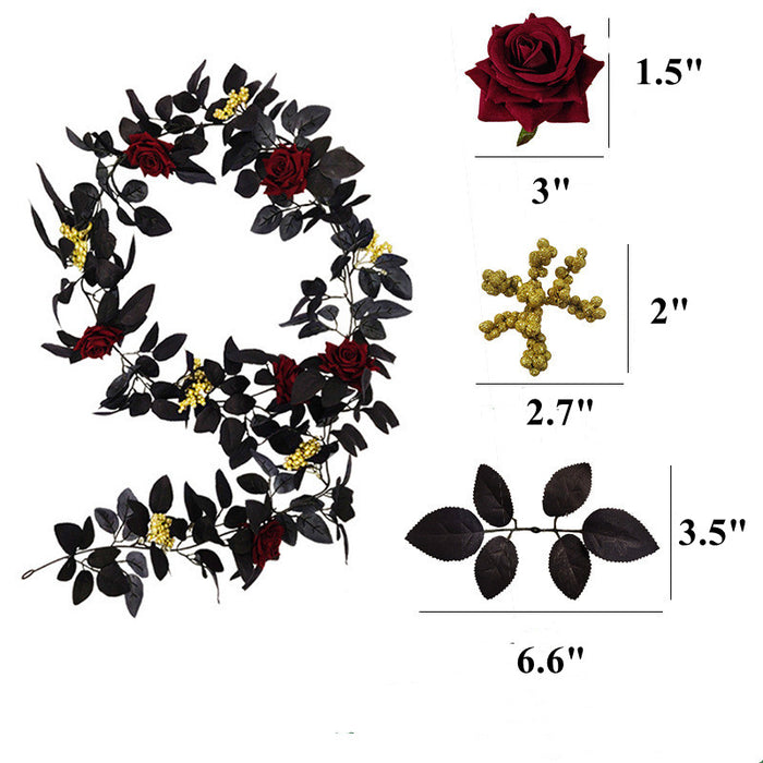 Bulk 2pcs Black Halloween Garland with Burgundy Flower and Yellow Berries Wholesale