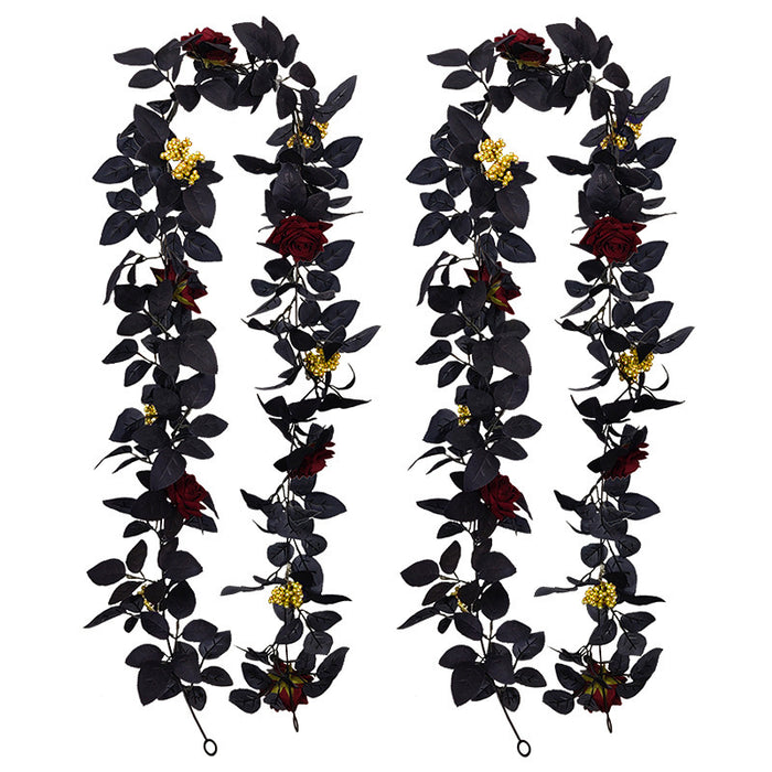 Bulk 2pcs Halloween Black Rose Leaves Garland with Burgundy Flower and Yellow Berries Wholesale