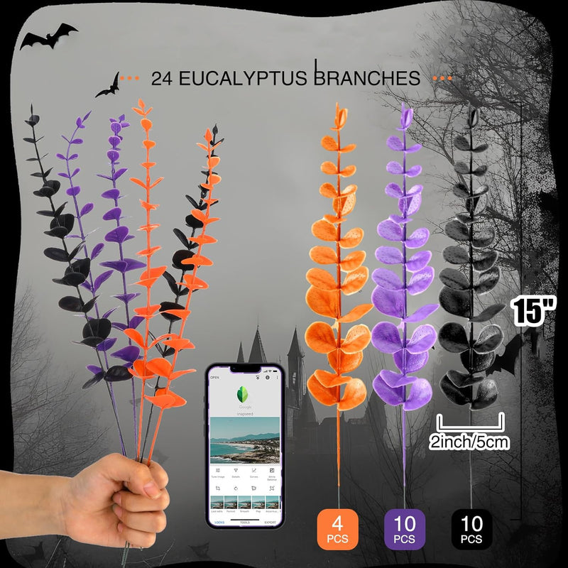 Clearance Bulk 12pcs Halloween Eucalyptus Stems Artificial Black Plants Purple Orange Stems Wholesale