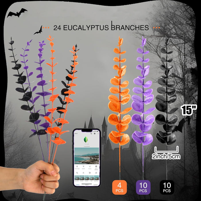 Bulk 24pcs Halloween Eucalyptus Stems Artificial Black Plants Purple Orange Stems Wholesale