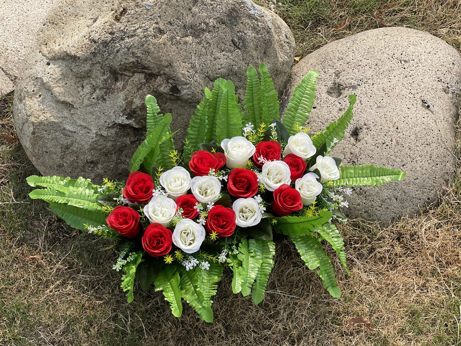 Bulk Exclusive White and Red Rose Cemetery Flower Headstone Flower Saddle Wholesale