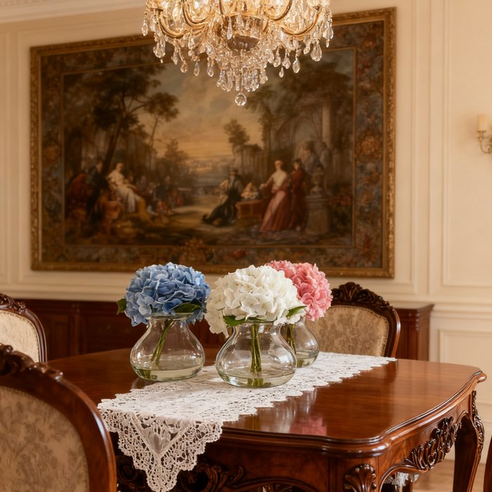 Bulk Real Touch Artificial Hydrangea Arrangement in Glass Vase with Faux Clear Water Wholesale