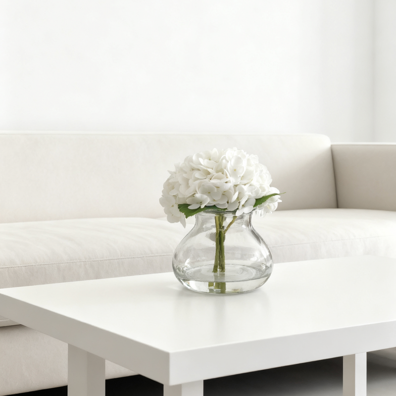 Bulk Real Touch Artificial Hydrangea Arrangement in Glass Vase with Faux Clear Water Wholesale