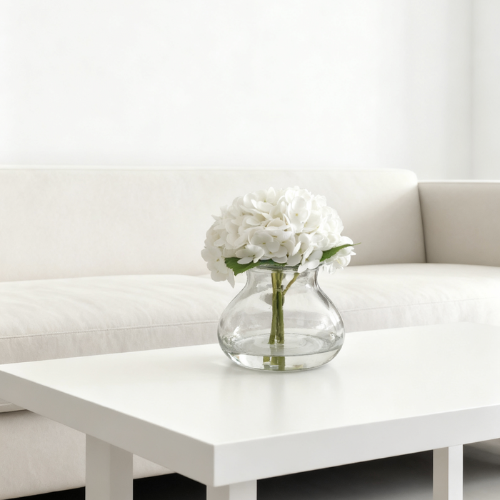Bulk Real Touch Artificial Hydrangea Arrangement in Glass Vase with Faux Clear Water Wholesale