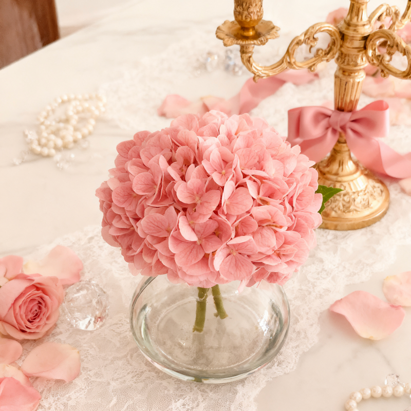 Bulk Real Touch Artificial Hydrangea Arrangement in Glass Vase with Faux Clear Water Wholesale