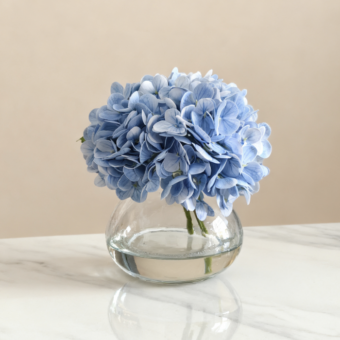 Bulk Real Touch Artificial Hydrangea Arrangement in Glass Vase with Faux Clear Water Wholesale