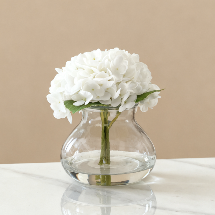 Bulk Real Touch Artificial Hydrangea Arrangement in Glass Vase with Faux Clear Water Wholesale