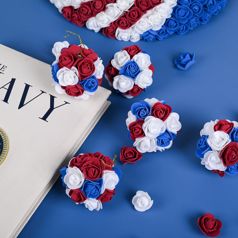 Bulk 6Pcs 3" Independence Day Hanging Rose Flower Ball  for Memorial Day Veterans Patriotic USA Themed Party Wholesale