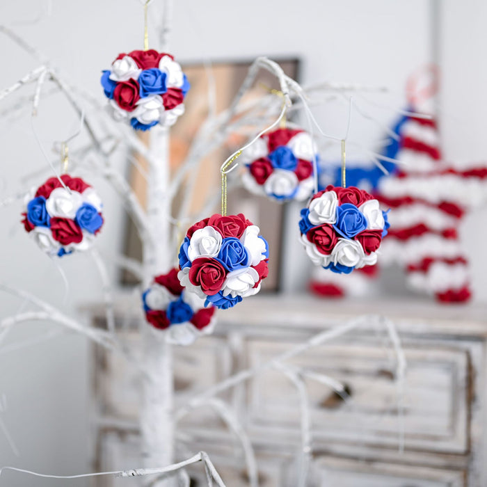 Bulk 6Pcs 3" Independence Day Hanging Rose Flower Ball  for Memorial Day Veterans Patriotic USA Themed Party Wholesale