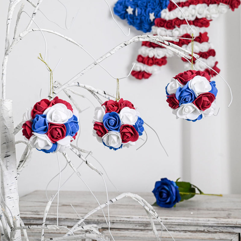 Bulk 6Pcs 3" Independence Day Hanging Rose Flower Ball  for Memorial Day Veterans Patriotic USA Themed Party Wholesale