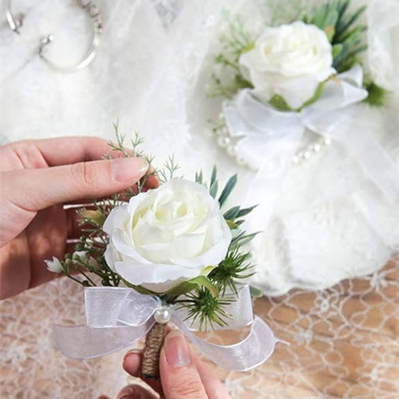 Bulk Set of Ivory Rose Wrist Corsage Wristband Bracelet and Boutonniere Wholesale