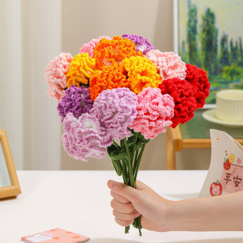 Bulk 2pcs 13.7" Knitted Bouquet of Flowers Crocheted Carnation Stems for Crafts Mother's Day Gifts Wholesale