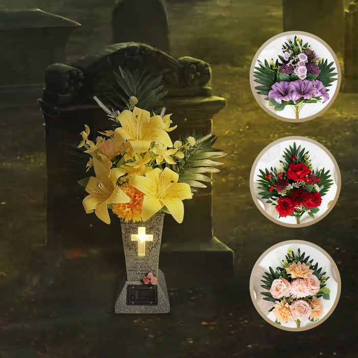 Bulk Exclusive 23.6" Large Angel Flowers in Solar Led Cemetery Grave Vase with Spikes Artificial Cemetery Flowers Wholesale