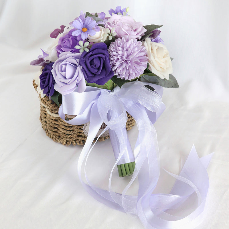 Bouquet rond de roses violettes et lilas de glycine en vrac de 9 po pour mariage en gros