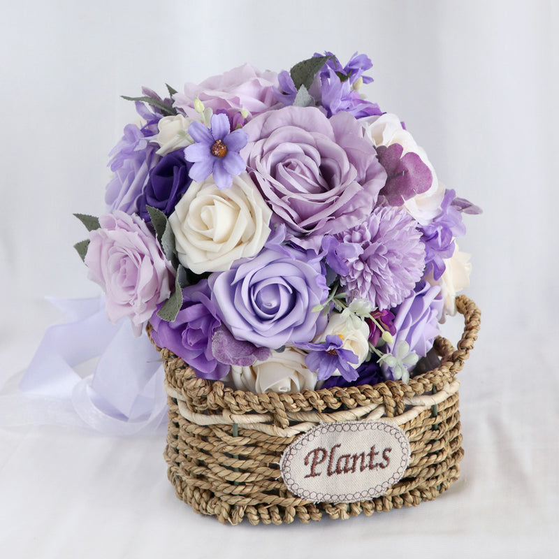 Bouquet rond de roses violettes et lilas de glycine en vrac de 9 po pour mariage en gros