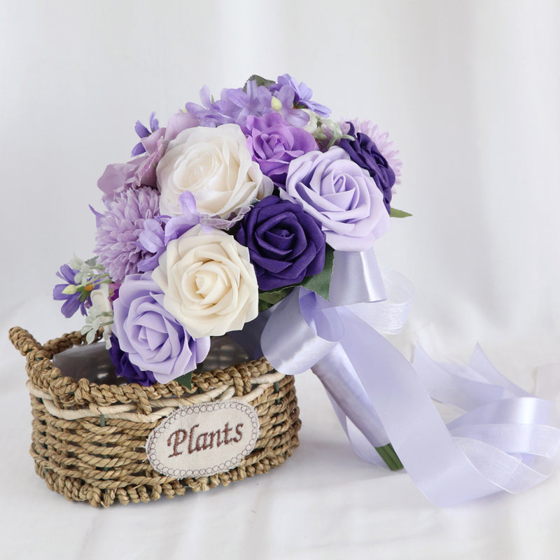 Bouquet rond de roses violettes et lilas de glycine en vrac de 9 po pour mariage en gros