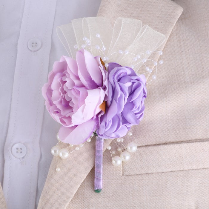 Boutonnieres de peonía de glicinia lila para boda a granel al por mayor