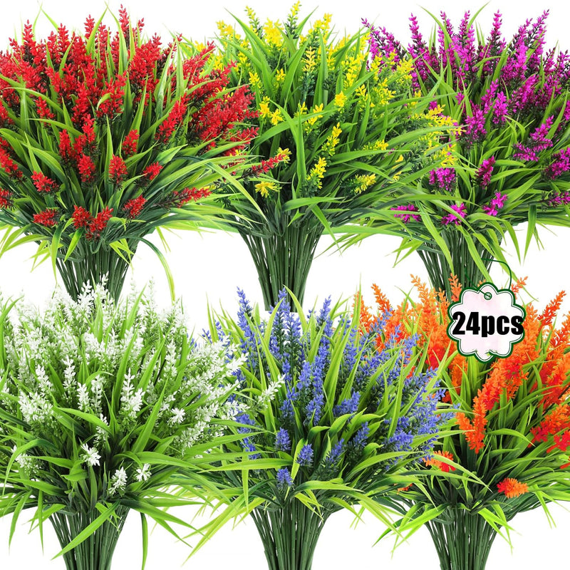 Bulk 24pcs Mixed Color Monkey Grass Bush Artificial Flowers for Outdoors UV Resistant Plants Wholesale