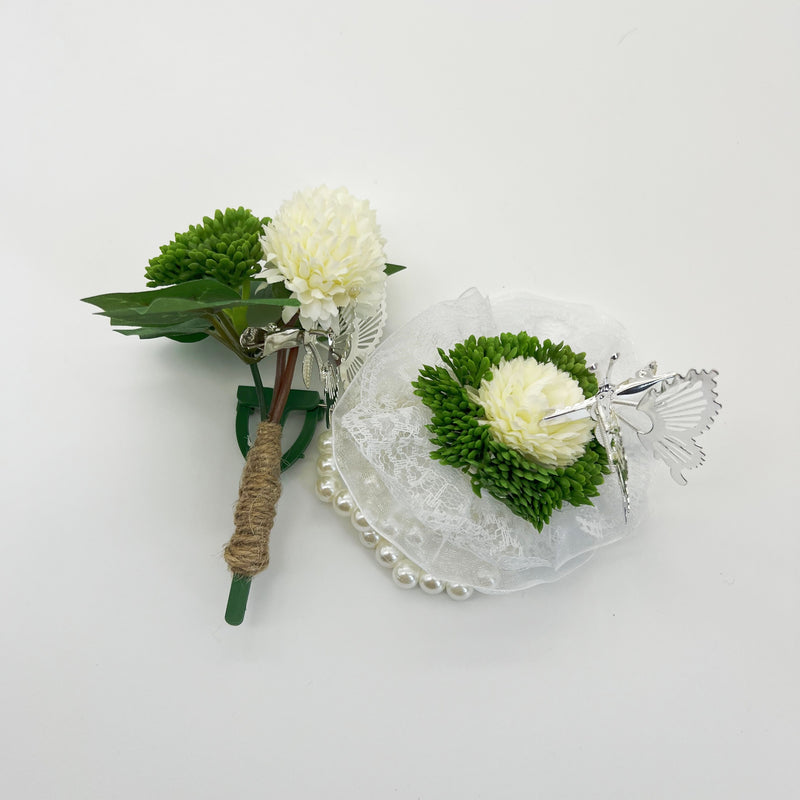Bulk Mum Ball Flower with Butterfly Wrist Corsage Wristlet Band Bracelet and Men Boutonniere for Wedding Party Wholesale