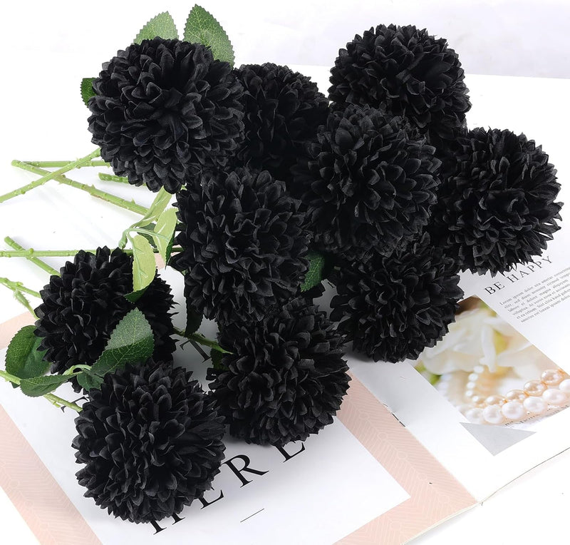 Lot de 12 boules de fleurs de chrysanthèmes noirs d'Halloween de 11 pouces en vrac