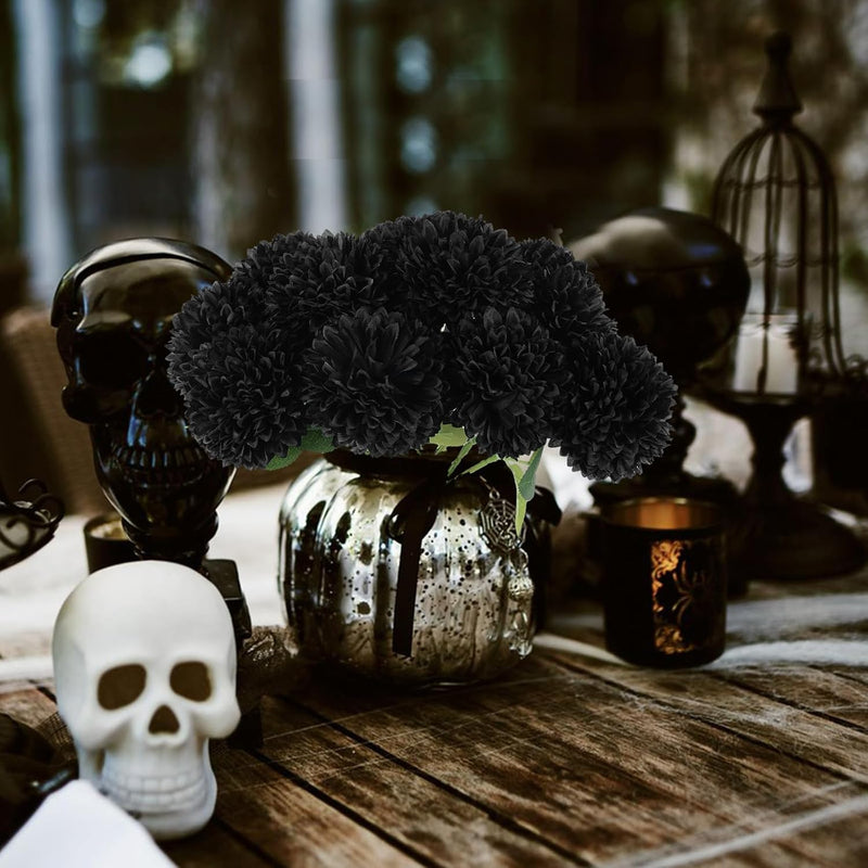Lot de 12 boules de fleurs de chrysanthèmes noirs d'Halloween de 11 pouces en vrac
