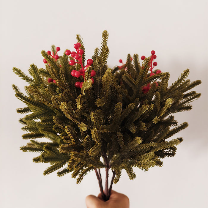 Bulk 16" Norfolk Pine Branches with Holy Berries Christmas Vase Fillers Wreath DIY Wholesale