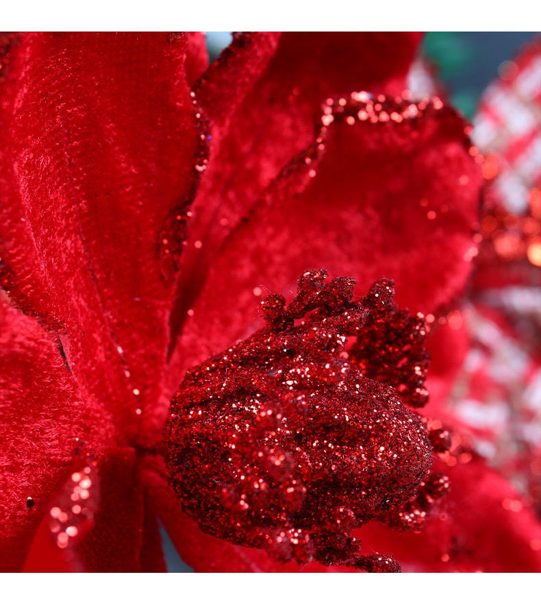 Bulk Glitter Poinsettias Artificial Christmas Flowers Arrangement Decorations for Xmas Tree Garland Rattan Accessories Wholesale