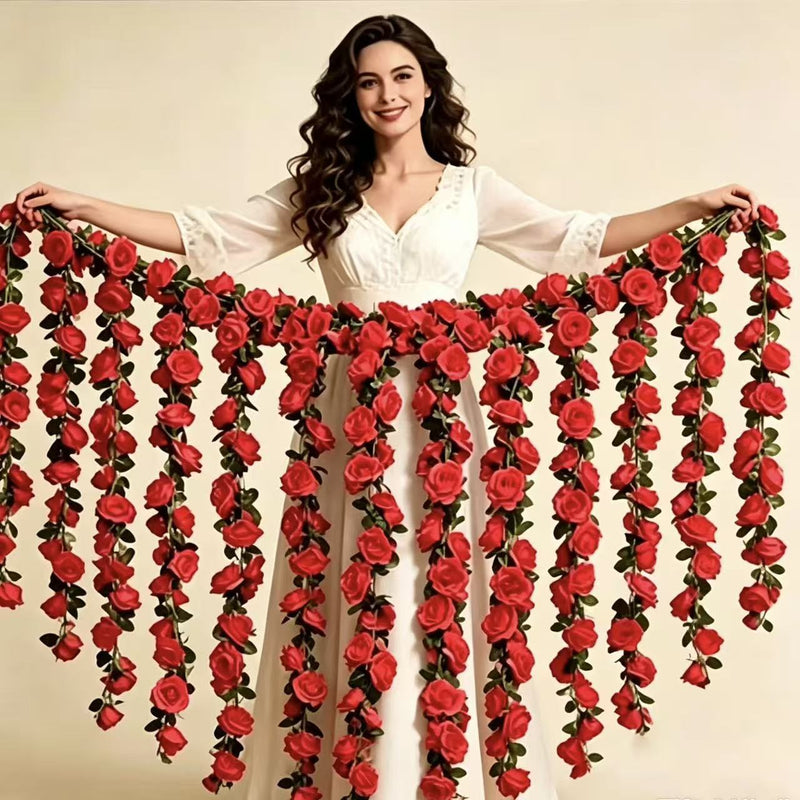 Artificial Rose Garland, 47" Long with 45 Blooms, Plastic Faux Flower Vine for Weddings, Home Decor, and Events