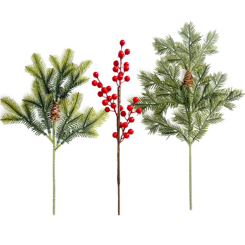 Artificial Red Berry Pine Needle & Cypress Leaf Stem, Faux Christmas Greenery Pick for Holiday Decor, Wreaths & Floral Arrangements