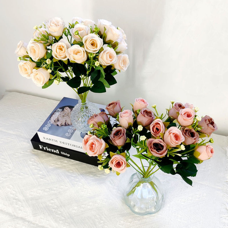 Modern Artificial Rose Bush with 10 Blooms, 12" Tall Plastic Faux Flowers for Home Decor, Weddings & Events