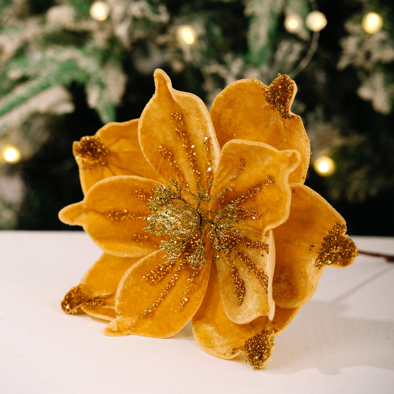 Gold Glitter Velvet Magnolia Artificial Flower Stem, Single Stem 1 Bloom, Christmas Tree Ornament, Holiday & Wedding Decor