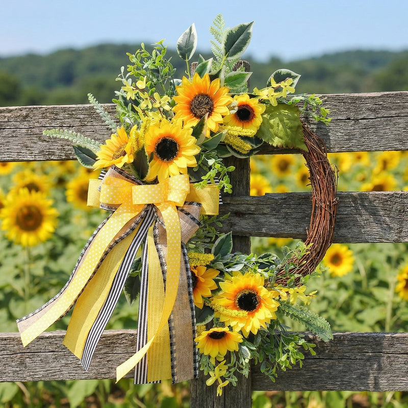 Sunflower Half Wreath with Bee Accents, 18" Autumn Floral Garland, Door Decoration