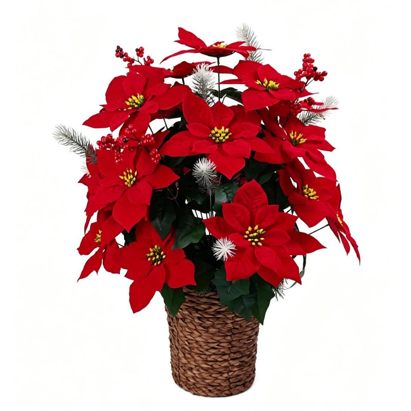 Artificial Poinsettia Bush with 36 Blooms, 14" Christmas Silk Floral Arrangement for Holiday Decor, Weddings & Events