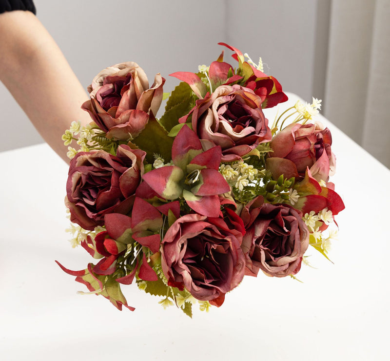 13" Realistic Silk Rose & Lily Bush, 9 Blooms, Wedding & Home Décor, Indoor/Outdoor Use