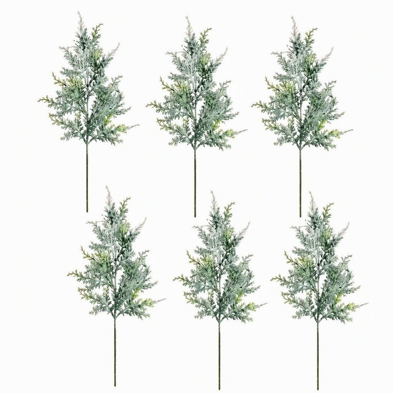 Artificial Cedar Stems, Set of 6 Frosted Flocked Pine Picks, Plastic Christmas Greenery for Wreaths, Vases and Holiday Decor