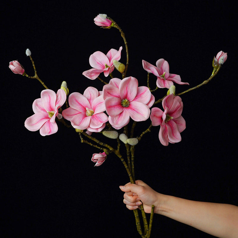 Single Stem Magnolia Branch with 4 Blooms, 27" Tall PU Faux Flower for Home Decor, Weddings & Events