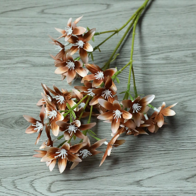 Artificial Star Orchid Bush, 3-Prong 6-Point Faux Silk Flower Stem, 22 in, for Wedding, Vase & Home Decor