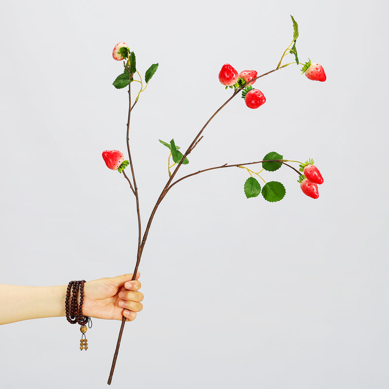 Artificial Strawberry Stem, Single Stem with 8 Berries, 28" Tall Foam Faux Fruit Branch for Home Decor & Floral Arrangements