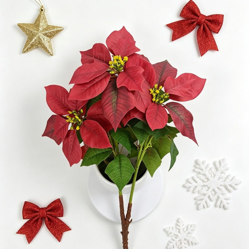 Artificial Poinsettia Bush with 5 Blooms, 20" Silk-Like Christmas Decor for Home, Weddings & Events
