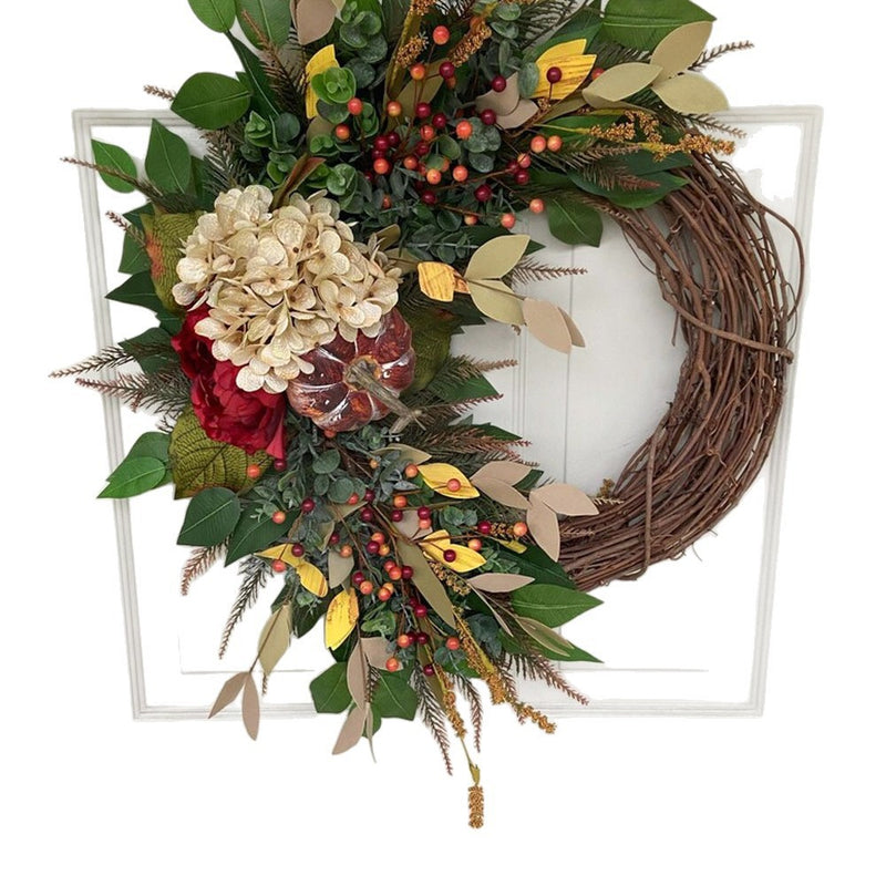 Autumn Harvest Floral Wreath, 16" Rustic Pumpkin & Hydrangea Wall Decor, Farmhouse Style Door Hanging for Fall Home, Wedding, Coffee Shop