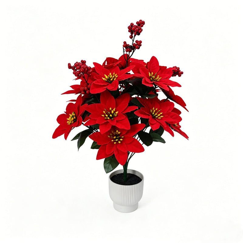 21" Faux Velvet Poinsettia Bush, Christmas Holiday Decoration, Realistic Artificial Flowers for Home, Office, Wedding & Events
