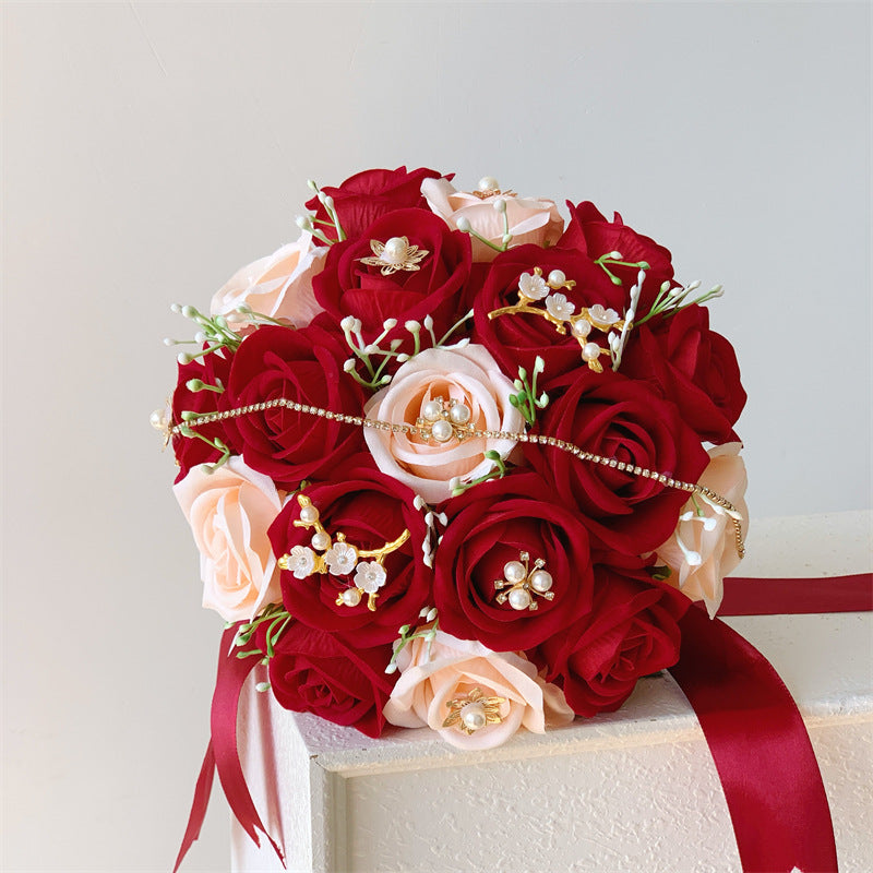 Artificial Silk Rose Bridal Bouquet, 18-Bloom Wedding Bouquet in Cream White, 12" Height for Bridesmaids & Centerpieces