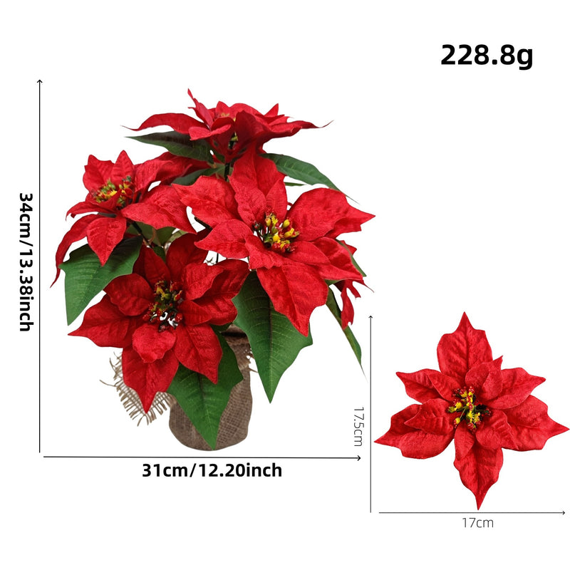 14" Artificial Poinsettia Bush with Planter, Christmas Holiday Decor for Home, Office & Events, Realistic Plastic Faux Floral Arrangement