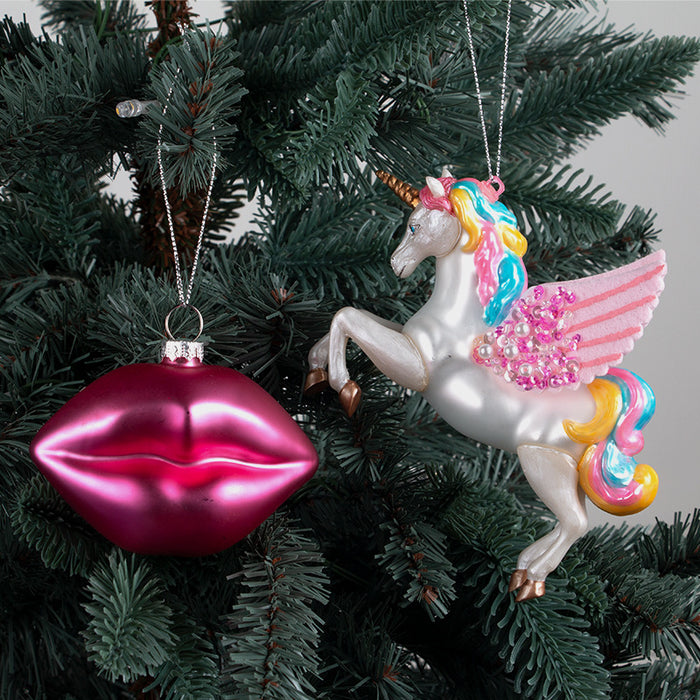 Bulk Christmas Ornaments Glass Glitter Lips Unicorn with String Holiday Hanging Decoration Wholesale