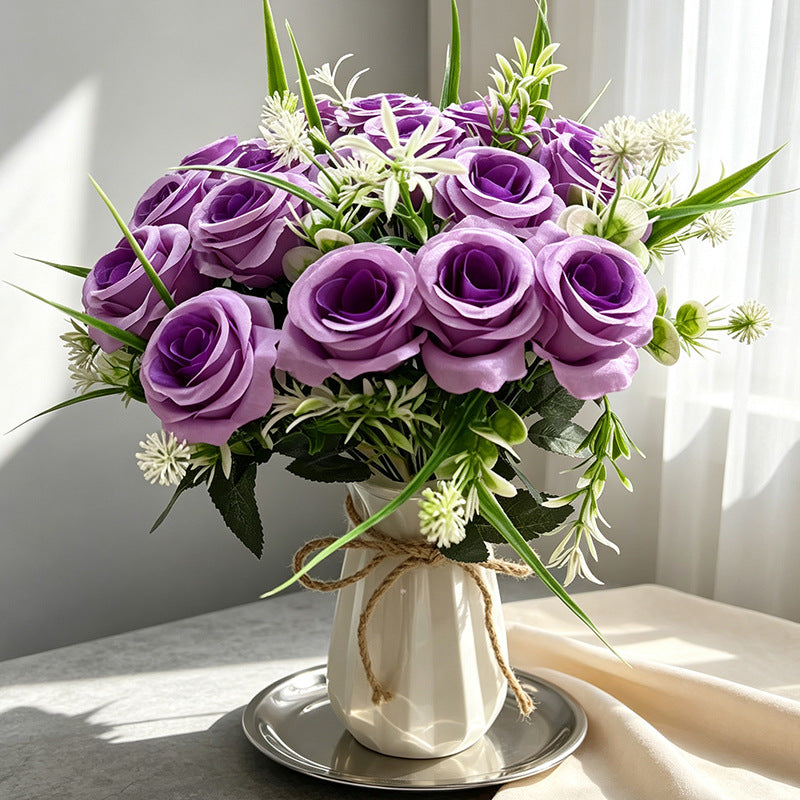 18-Bloom Rose Bush, Modern Farmhouse Style Artificial Flower Bouquet for Home Decor, Weddings, and Events